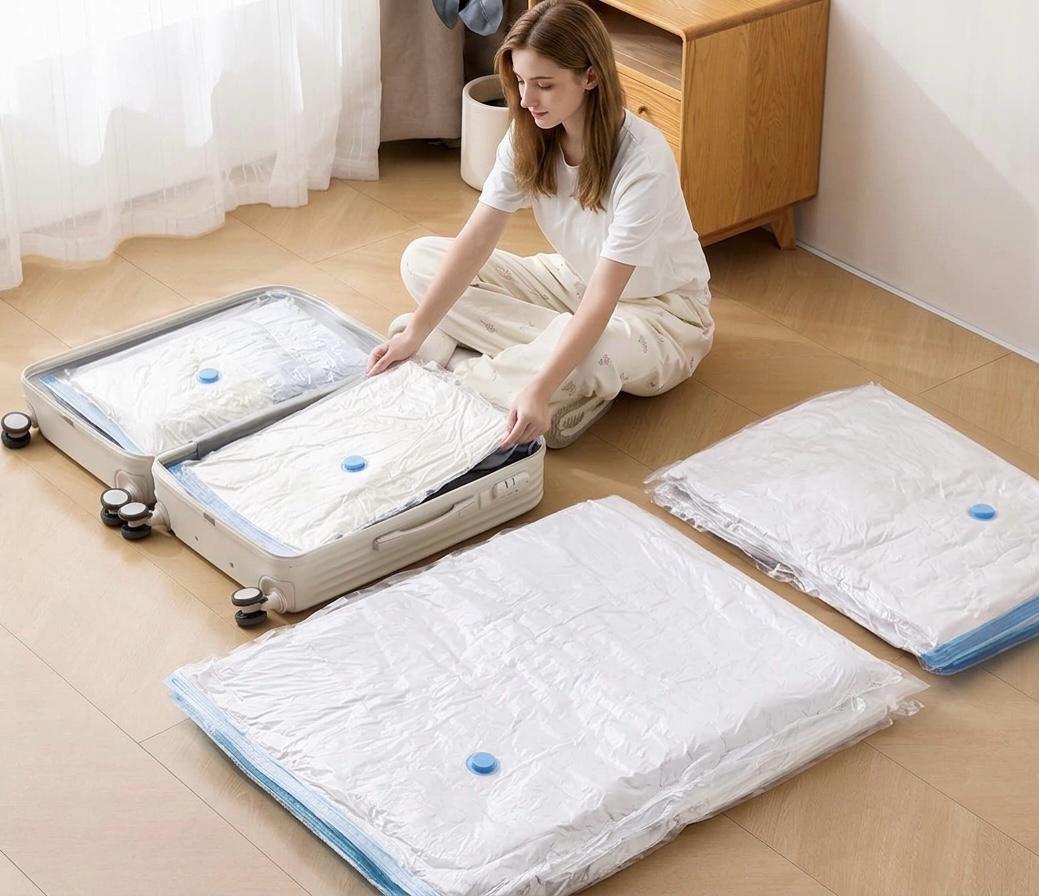 Set Premium Organizare Spațiu: 6 Saci de Vidat (3 Clasici + 3 cu Umeraș) + Pompă Electrică